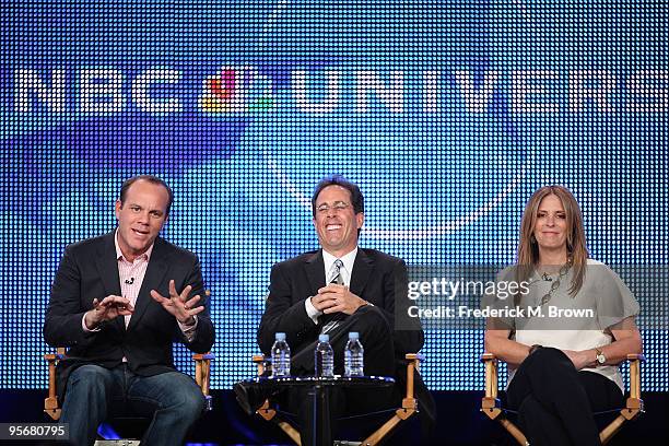 Comedian Tom Papa, Executive Producer Jerry Seinfeld and Executive Producer Ellen Rakieten speak onstage for NBC's television show 'The Marriage Ref'...