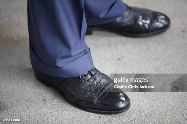 Prince Charles, Prince of Wales, shoe detail, visits HMS ECHO during a visit to Piraeus Harbour on May 10, 2018 in Athens, Greece. His Royal Highness...