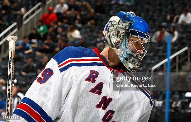 Goaltender Chad Johnson of the New York Rangers against the Atlanta Thrashers at Philips Arena on January 7, 2010 in Atlanta, Georgia.