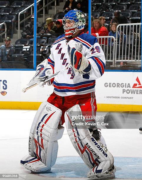 Goaltender Chad Johnson of the New York Rangers against the Atlanta Thrashers at Philips Arena on January 7, 2010 in Atlanta, Georgia.