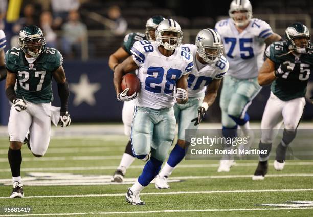 Running back Felix Jones of the Dallas Cowboys runs the ball against the Philadelphia Eagles during the 2010 NFC wild-card playoff game at Cowboys...