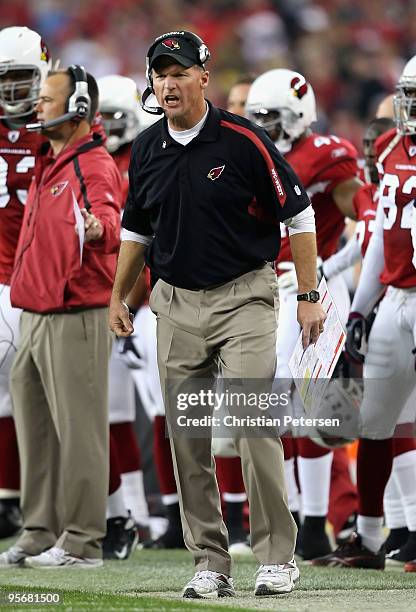 Head coach Ken Whisenhunt of the Arizona Cardinals reacts on the sidelines during the 2010 NFC wild-card playoff game against the Green Bay Packers...