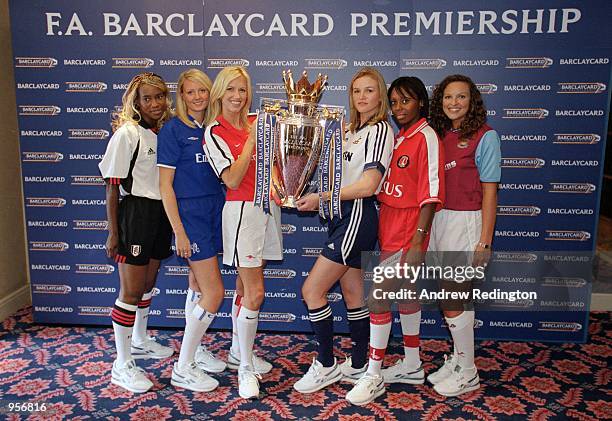 Models dressed up in the Premiership's London contingent Fulham, Chelsea, Arsenal, Tottenham Hotspur, Charlton Athletic and West Ham team colours...