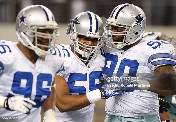 Linebacker Bradie James and Jay Ratliff of the Dallas Cowboys during the 2010 NFC wild-card playoff game at Cowboys Stadium on January 9, 2010 in...