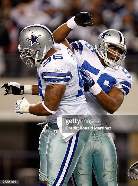 Linebacker Bradie James and Marcus Spears of the Dallas Cowboys during the 2010 NFC wild-card playoff game at Cowboys Stadium on January 9, 2010 in...