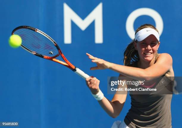 Olivia Rogowska of Australia plays a forehand during her first round match against Shahar Peer of Israel during day four of the Moorilla Hobart...