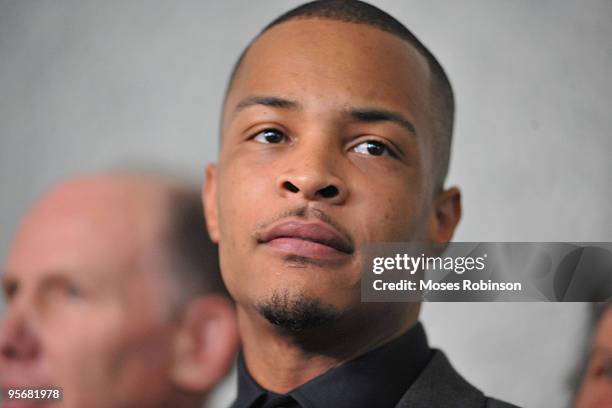 Recording artist Clifford "T.I." Harris address the media after his sentencing hearing at the Richard B. Russell Federal Building and United States...