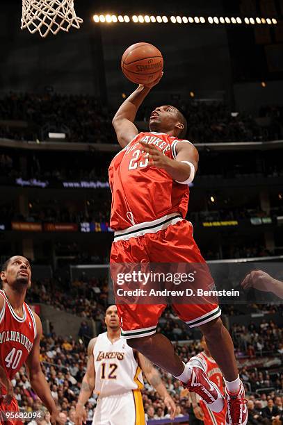 Jodie Meeks of the Milwaukee Bucks goes up for a shot against the Los Angeles Lakers on January 10, 2010 at Staples Center in Los Angeles,...