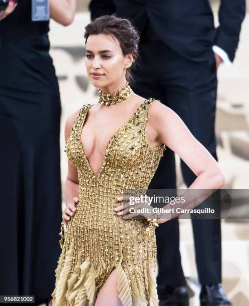 Model Irina Shayk is seen arriving to the Heavenly Bodies: Fashion & The Catholic Imagination Costume Institute Gala at The Metropolitan Museum on...