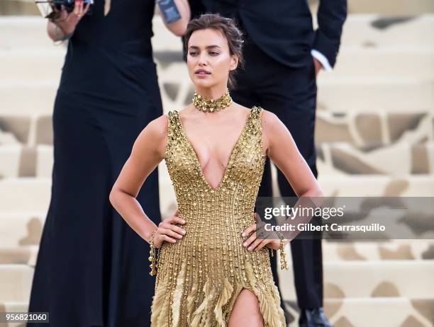 Model Irina Shayk is seen arriving to the Heavenly Bodies: Fashion & The Catholic Imagination Costume Institute Gala at The Metropolitan Museum on...