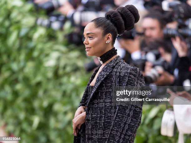 Actress Tessa Thompson is seen arriving to the Heavenly Bodies: Fashion & The Catholic Imagination Costume Institute Gala at The Metropolitan Museum...