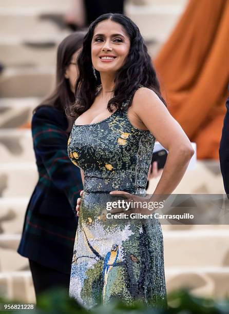 Actress Salma Hayek Pinault is seen arriving to the Heavenly Bodies: Fashion & The Catholic Imagination Costume Institute Gala at The Metropolitan...