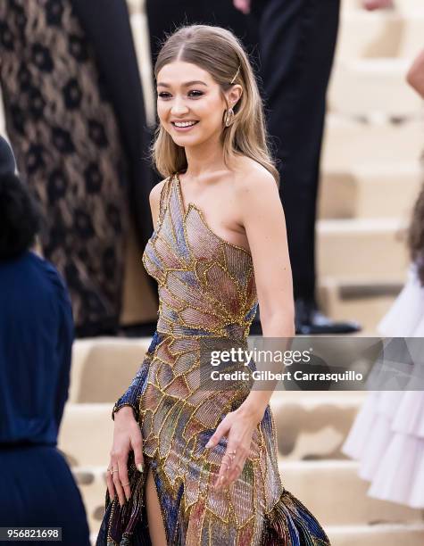 Model Gigi Hadid is seen arriving to the Heavenly Bodies: Fashion & The Catholic Imagination Costume Institute Gala at The Metropolitan Museum on May...