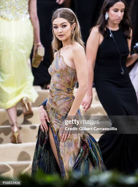 Model Gigi Hadid is seen arriving to the Heavenly Bodies: Fashion & The Catholic Imagination Costume Institute Gala at The Metropolitan Museum on May...