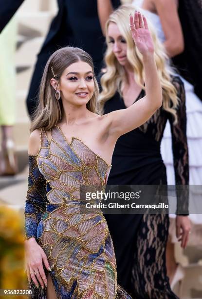 Model Gigi Hadid is seen arriving to the Heavenly Bodies: Fashion & The Catholic Imagination Costume Institute Gala at The Metropolitan Museum on May...