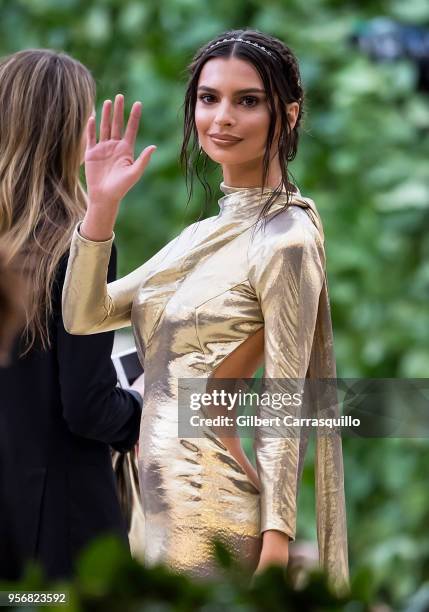 Model Emily Ratajkowski is seen arriving to the Heavenly Bodies: Fashion & The Catholic Imagination Costume Institute Gala at The Metropolitan Museum...