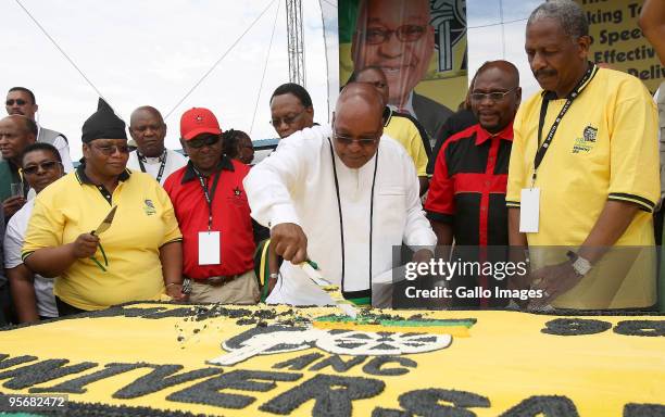 South Africa President Jacob Zuma cuts a cake during the African National Congress' 98th anniversary celebrations held at the GWK Park Stadium on...