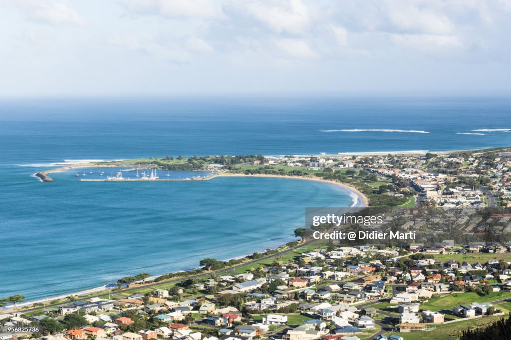 Aerial view of Apollo bay by the Great Ocean Road in Australia