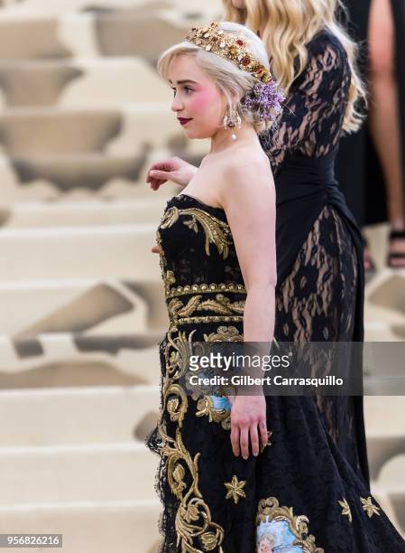 Actress Emilia Clarke is seen arriving to the Heavenly Bodies: Fashion & The Catholic Imagination Costume Institute Gala at The Metropolitan Museum...