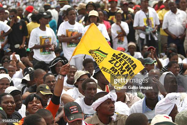 Supporters cheer during the African National Congress' 98th anniversary celebrations held at the GWK Park Stadium on Saturday, 10 January 2010 in...