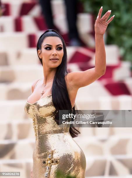 Kim Kardashian West is seen arriving to the Heavenly Bodies: Fashion & The Catholic Imagination Costume Institute Gala at The Metropolitan Museum on...