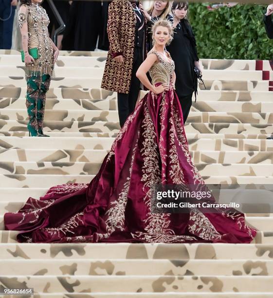 Actress Blake Lively is seen arriving to the Heavenly Bodies: Fashion & The Catholic Imagination Costume Institute Gala at The Metropolitan Museum on...