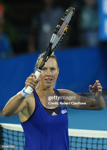 Alicia Molik of Australia acknowledges the crowd after winning her first round match against Sania Mirza of India during day four of the Moorilla...