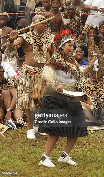 President Jacob Zuma's new bride, Thobeka Madiba dances during their wedding ceremony at Zuma's rural homestead on January 4, 2010 in Nkandla,...