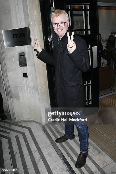 Chris Evans leaving BBC Radio Studios where he had just presented his first breakfast show on Radio 2 on January 11, 2010 in London, England.