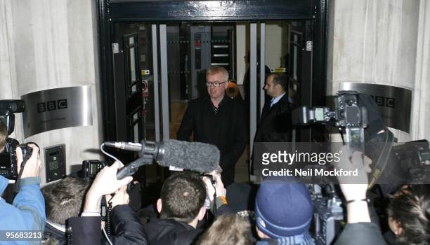 Chris Evans leaving BBC Radio Studios where he had just presented his first breakfast show on Radio 2 on January 11, 2010 in London, England.