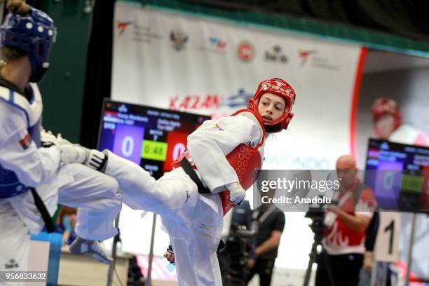 Zeliha Agris of Turkey in action against Vanja Stankovic of Serbia in the women's 49 kg category of the WTE European Taekwondo Championships 2018 at...