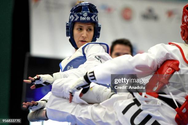 Zeliha Agris of Turkey in action against Vanja Stankovic of Serbia in the women's 49 kg category of the WTE European Taekwondo Championships 2018 at...
