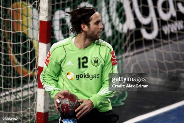 Goalkeeper Silvio Heinevetter of Germany reacts during the international handball friendly match between Germany and Iceland at the Arena Nuernberger...