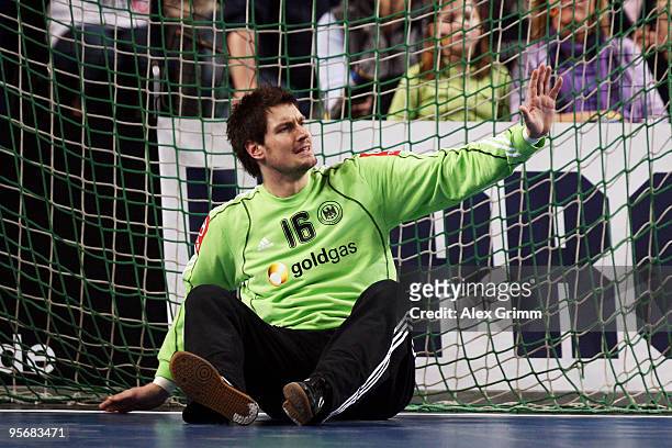 Goalkeeper Carsten Lichtlein of Germany reacts during the international handball friendly match between Germany and Iceland at the Arena Nuernberger...
