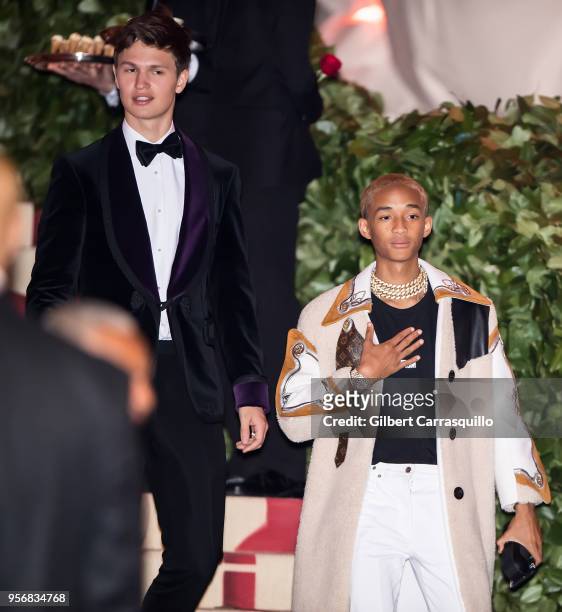 Actors Ansel Elgort and Jaden Smith are seen leaving the Heavenly Bodies: Fashion & The Catholic Imagination Costume Institute Gala at The...