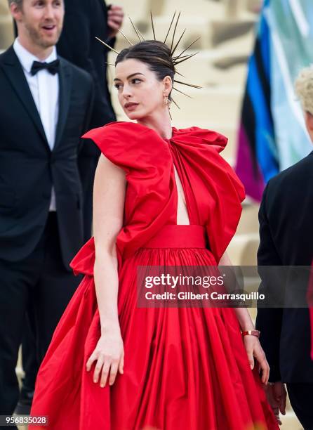 Actress Anne Hathaway is seen arriving to the Heavenly Bodies: Fashion & The Catholic Imagination Costume Institute Gala at The Metropolitan Museum...