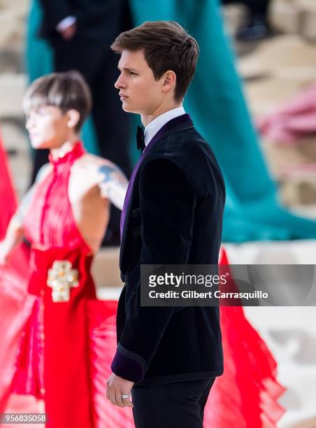 Actor Ansel Elgort is seen arriving to the Heavenly Bodies: Fashion & The Catholic Imagination Costume Institute Gala at The Metropolitan Museum of...