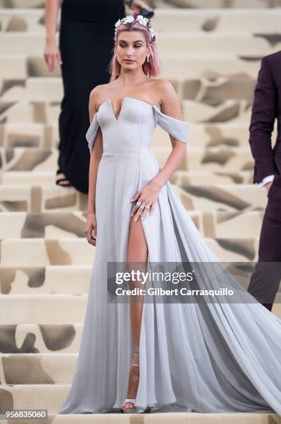Model Hailey Rhode Baldwin is seen arriving to the Heavenly Bodies: Fashion & The Catholic Imagination Costume Institute Gala at The Metropolitan...