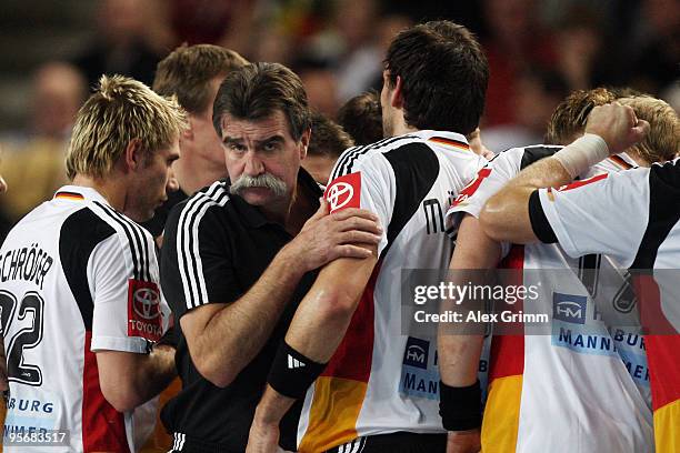 Head coach Heiner Brand of Germany leaves a huddle during the international handball friendly match between Germany and Iceland at the Arena...