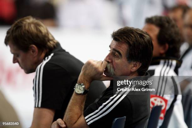 Head coach Heiner Brand of Germany reacts during the international handball friendly match between Germany and Iceland at the Arena Nuernberger...