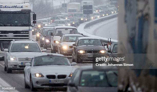 Cars and trucks stuck in a traffic jam on motorway A96 on January 11, 2010 near Windach, Germany. Depression 'Daisy' brought havoc in Germany as...