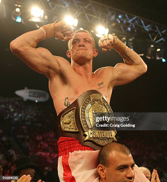 Garth Wood celebrates his victory of The Contender final Super Middleweight bout against Kariz Kariuki at the Sydney Entertainment Centre on January...