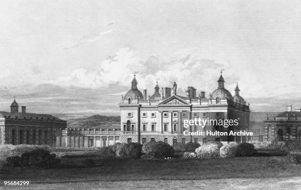 Houghton Hall in Norfolk, circa 1820. Engraved by W. Wallis after a drawing by J. P. Neale.