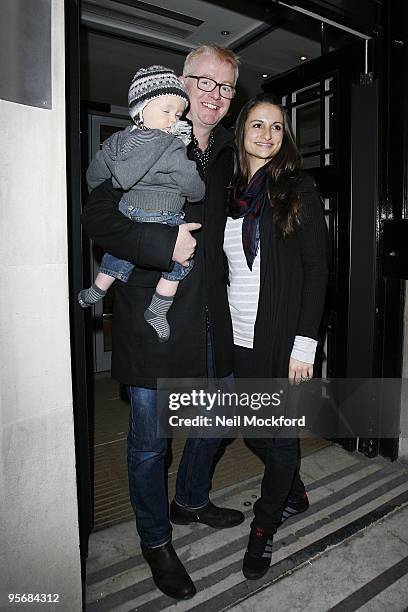 Chris Evans and wife Natasha Shishmanian leave His BBC Radio 2 Breakfast Show with their son Noah on January 11, 2010 in London, England.