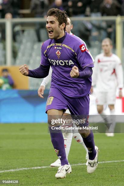 Adrian Mutu of ACF Fiorentina celebrates after scoring a goal during the Serie A match between Fiorentina and Bari at Stadio Artemio Franchi on...