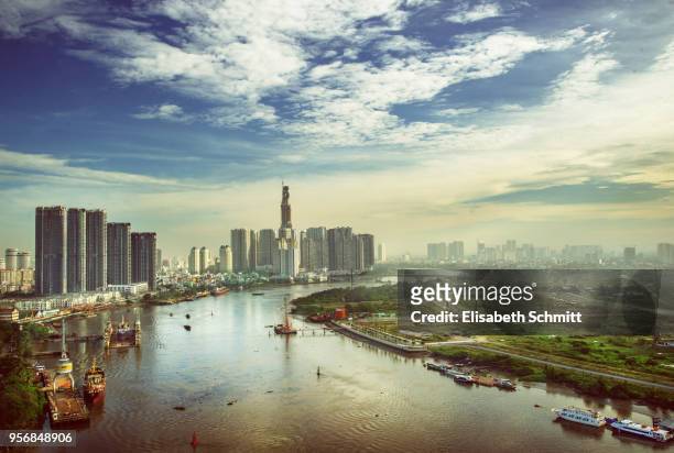view over mekong river and saigon / ho-chi-minh-city in the early morning - river mekong stock pictures, royalty-free photos & images