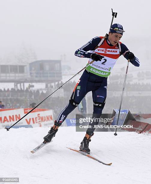 S Tim Burke competes in the men's 15 km mass start event of the IBU biathlon World Cup in the eastern German town of Oberhof on January 10, 2010....