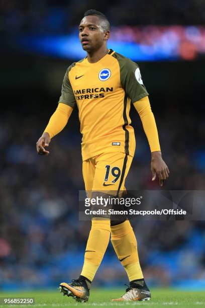 Jose Izquierdo of Brighton looks on during the Premier League match between Manchester City and Brighton & Hove Albion at the Etihad Stadium on May...