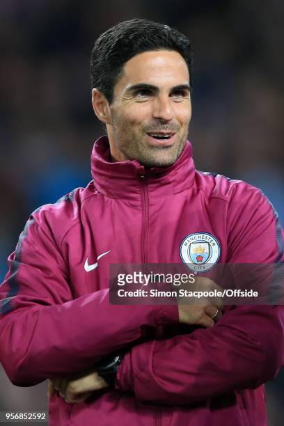 Man City assistant Mikel Arteta looks on during the Premier League match between Manchester City and Brighton & Hove Albion at the Etihad Stadium on...