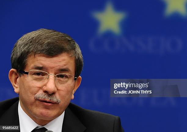 Turkey's Foreign Minister Ahmet Davutoglu speaks during a joint press conference after a meeting concerning Turkey's accession to the EU at the EU...
